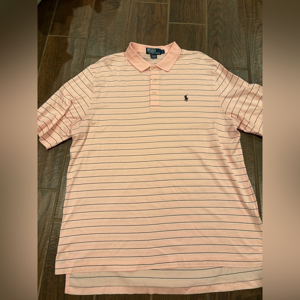 Ralph Lauren Men's Pink Polo Shirt with brown and white stripes. Size large